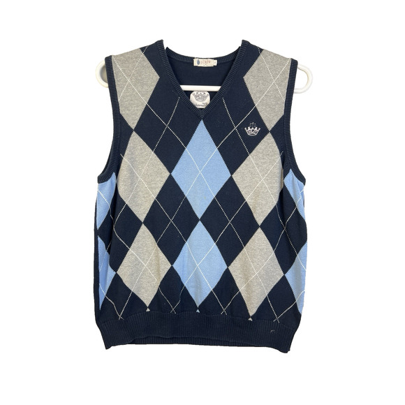 J Crew Argyle Sweater Vest Men Large Blue Crown Embroidery V Neck Cotton Preppy - Picture 10 of 10